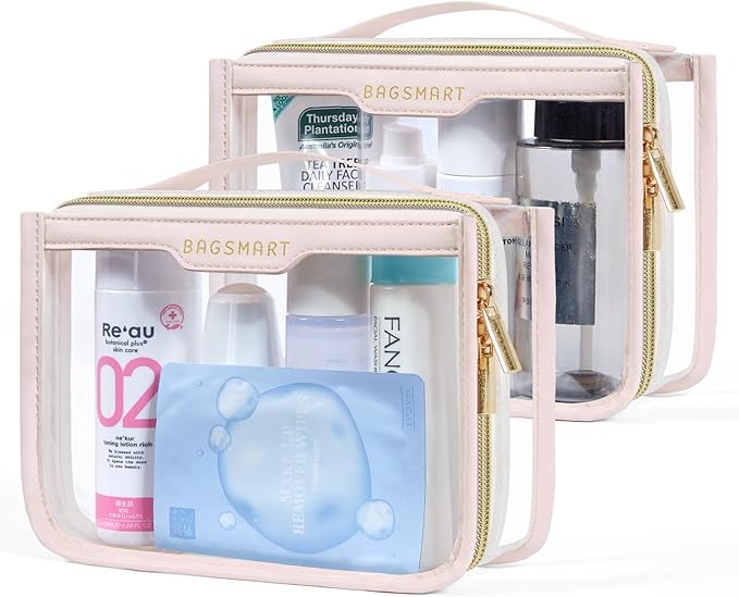 BAGSMART TSA Approved Toiletry Bag, Clear Travel Toiletry Bag, Makeup Cosmetic Pouch Bag for Women Quart Size Compliant Bag Organizer for Travel Essentials (Pink Pack of 2)