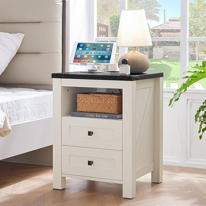 Night Stands with Charging Station Set of 2, Farmhouse Nightstand, White Wooden Bedside End Tables with 2 Drawers and Open Shelf, Bed Side Table for Bedroom, Living Room, Closet, Office