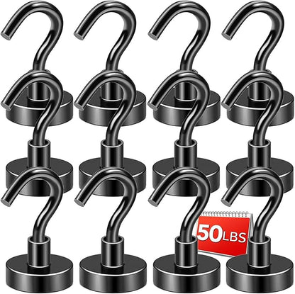 DIYMAG Black Magnetic Hooks, 50 LB Heavy Duty Strong Magnets with Hook, Rare Earth Neodymium Magnet for Cruise Cabins Ship Essentials 12 Packs