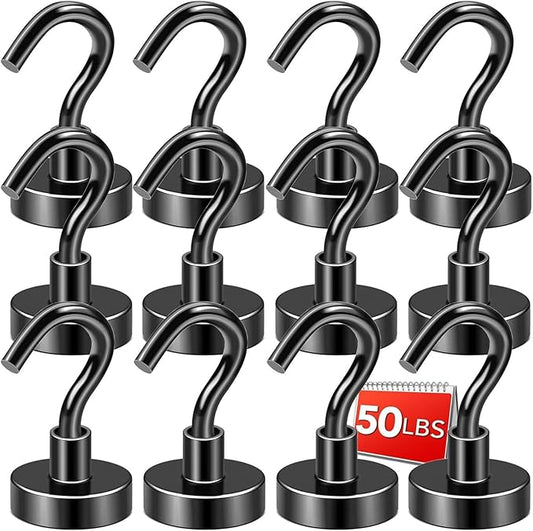 DIYMAG Black Magnetic Hooks, 50 LB Heavy Duty Strong Magnets with Hook, Rare Earth Neodymium Magnet for Cruise Cabins Ship Essentials 12 Packs