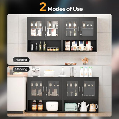 VINGLI Metal Wall Cabinet with Locking Glass Doors, Adjustable Shelf, Wall Mounted Storage Display Cabinets for Garage, Kitchen, Home Office, Warehouse, Living Room, Black