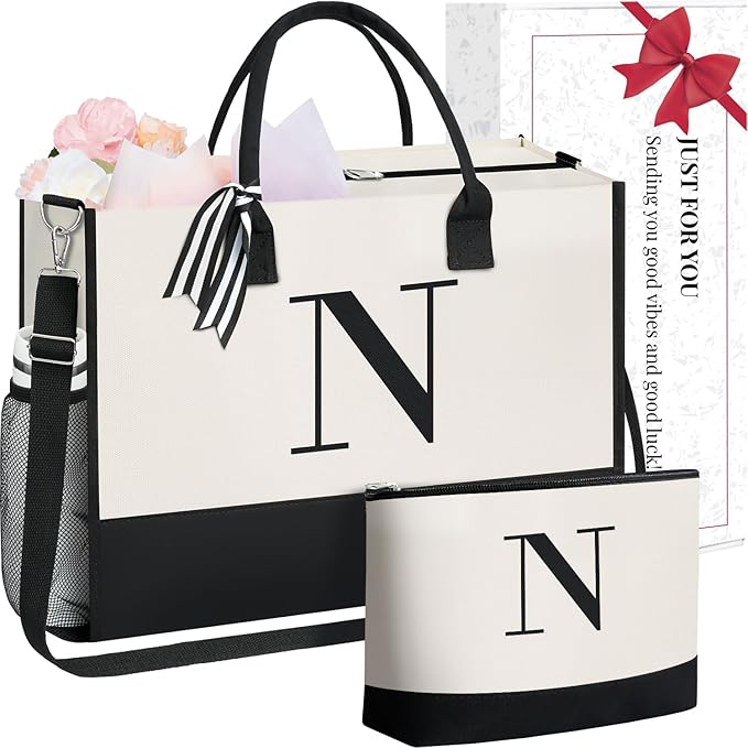 BAGAIL Initial Tote Bag, Personalized Birthday Gifts for Women, Teacher, Friends, Mom, Wedding, Monogrammed Beach Bag