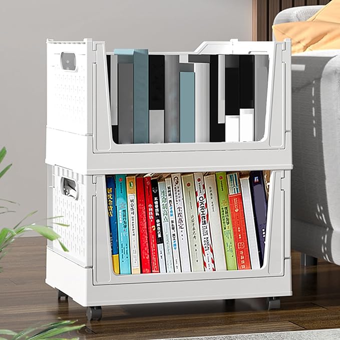 Rolling Book Cart - 40L Foldable Storage Container Mobile Basket, Portable Utility Bin, Lightweight Organizer | Durable Wheeled Book Holder for Home Office Dorm Study Rooms