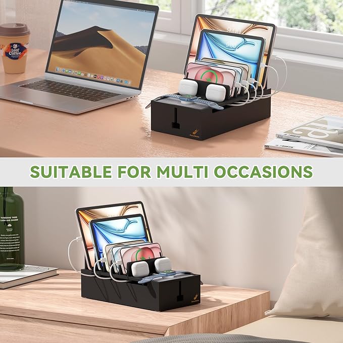 Pezin & Hulin Multi Charger Station Organizer, 5-Port USB Charger Dock with 6 Cables, Cable Management Box, Cord Organizer for Desk, Wire Organizers and Storage for Cords and Power Strip -Black