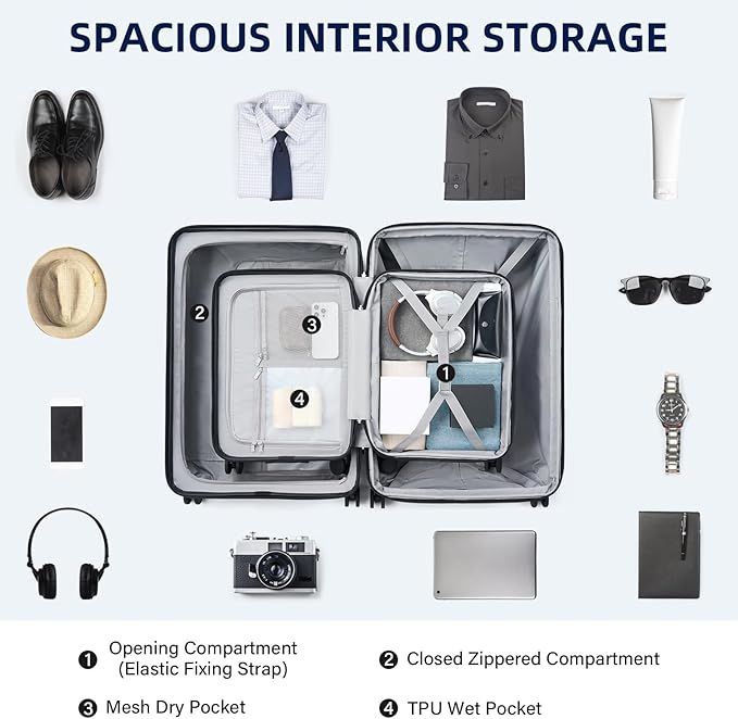 Hard Shell Suitcases Expandable Travel Luggage Sets 2 Piece, Carry on and Check in Luggage Lightweight Suitcase Set 2 Piece with Wheels Cup Holder Charger Built in (Caribbean Blue, 20/28)