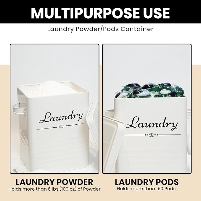 Farmhouse Metal Laundry Pods Container with Dryer Sheet Holder for Organization and Storage, Laundry Room Decor - Holds 156 Pods and 300 Sheets (White)