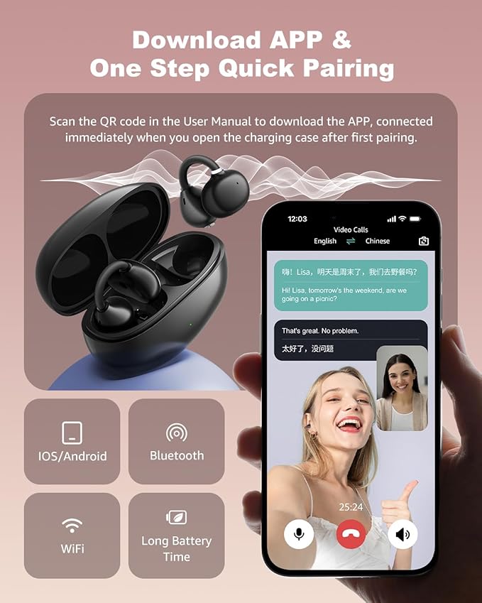 Ai Translation Earbuds Real Time, 163 Languages & Accents Translator Earbuds, 3-in-1 Open Ear Translation Headphones for Travel Learning, Spanish/English Audífonos Traductores, iOS/Android Compatible