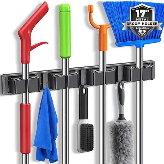 Broom Holder Wall Mount, Mop and Broom Hanger Wall Mount for Organizing and Storing Items in Household Kitchens, Gardens, Laundries (4 Racks & 3 Hooks, Grey)