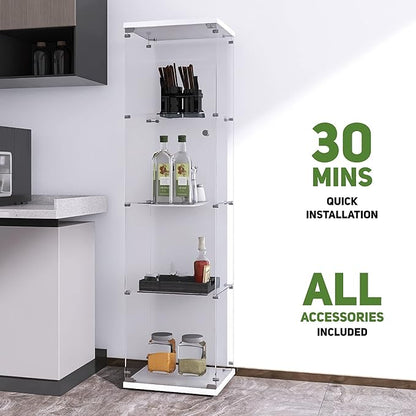 Beauty4U Glass Display Cabinet with 4 Shelves, Curio Cabinets for Living Room, Bedroom, Office, White Floor Standing Glass Bookshelf, Quick Installation