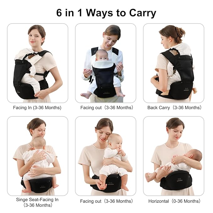 Bebamour Baby Carrier with Hip Seat,All-Position Breathable Mesh Hip Seat & Carrier 0-36Months with Head Hood, 3 PCS Teething Pads, Waist Extender,Storage Bag & Pacifier Case (Grey)