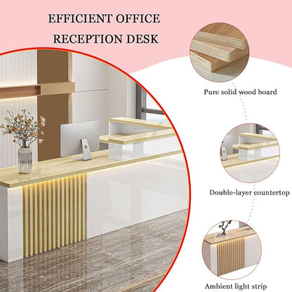Receptionist Desk with LED Light，Wooden Salon Checkout Counter with Storage Drawer & Keyboard Tray Modern L-Shaped Reception Desk for Barbershop Office Company Store
