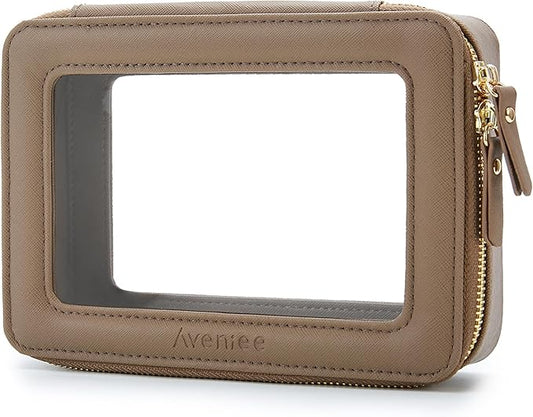 Aveniee Clear Makeup Bag Organizer, Travel Toiletry Bag Cosmetic Case for Women, Portable Make Up Skincare Pouch Car Organizer Bag with Zippers for Essentials,Taupe