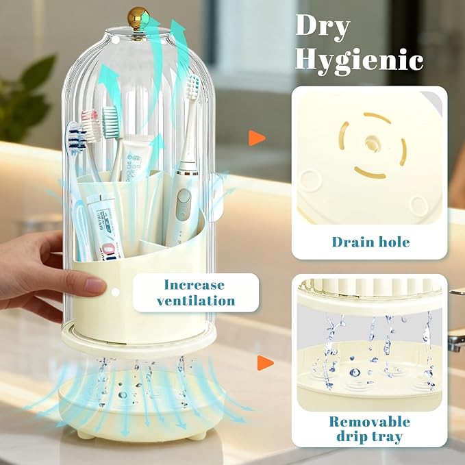 Multifunctional Rotating Toothbrush Holders with Sliding Lid and Draining Tray, 3-Slot Bathroom Countertop Vanity Organizer for Tooth Brush, Toothpaste, and Makeup Brushes Holder Storage (White)