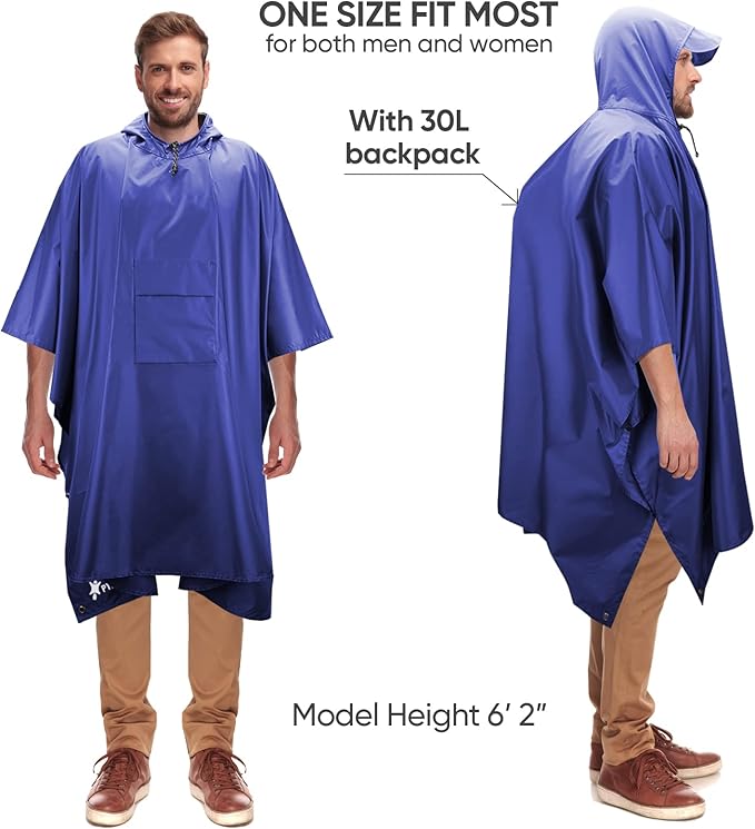 PTEROMY Hooded Rain Poncho for Adult with Pocket, Waterproof Lightweight Unisex Raincoat for Hiking Camping Emergency