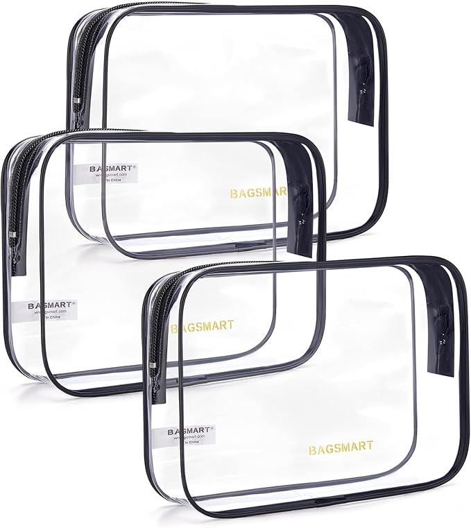 BAGSMART Clear Toiletry Bag, 3 Packs TSA Approved Water resistant Quart Size Travel Organizer, Airport Airline Travel Essential Carry On Makeup Cosmetic Bags for Women, Black