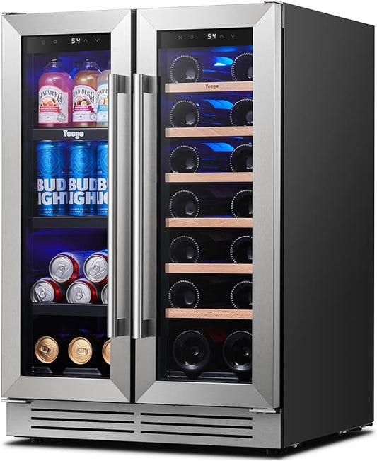 Yeego Wine and Beverage Refrigerator - 24 Inch Dual Zone Wine Fridge 60 Can & 20 Bottle, 36-72°F Cooler Built in Under Counter Fridge with Glass Door for Beer Soda Drink Home Bar Office