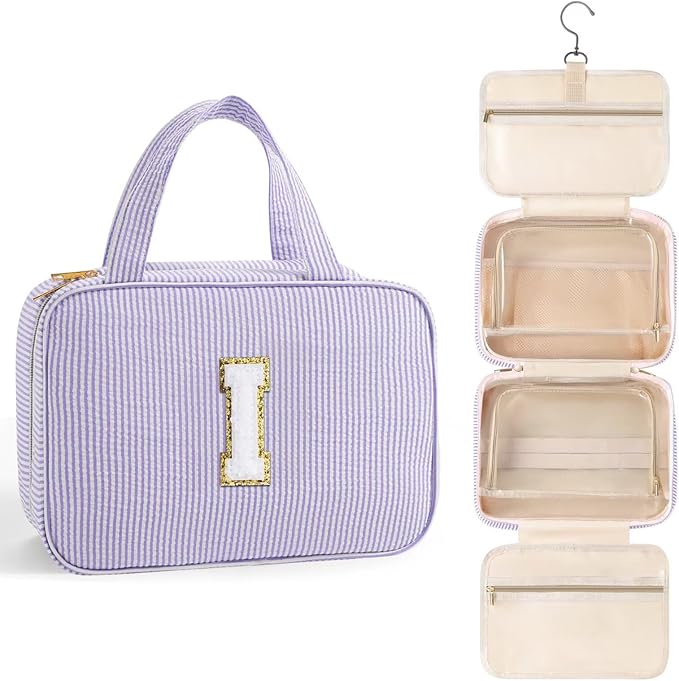 TOPEAST Travel Toiletry Bag for Women - Hanging Toiletry Bag Makeup Bag, Portable Toiletries Cosmetic Bag, Airplane Travel Essentials - Letter I, Purple