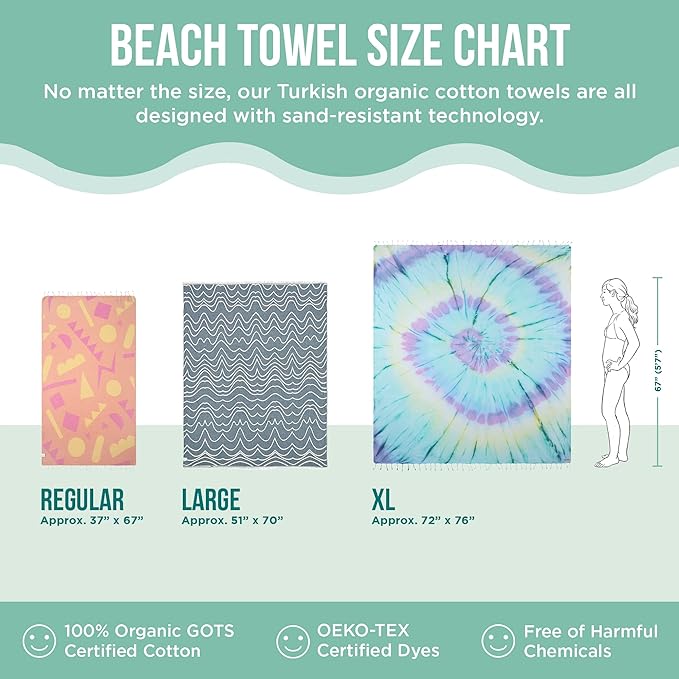 Sand Cloud Extra Large Turkish Beach Towel - Sand Free - 100% Organic Turkish Cotton Yarn - Quick Dry Towel for Beach, Picnic Blanket or Throw - As Seen on Shark Tank - Tie Dye (Wanderlust)