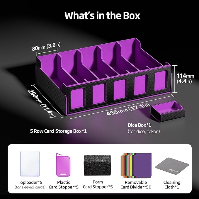 Trading Card Storage Box 5-Row 3900+ Capacity,TCG MTG Card Case with Magnetic Lid & Commander Display,Top Loader Storage for Sports Cards,Includes Dividers Dice Box（Black Purple）