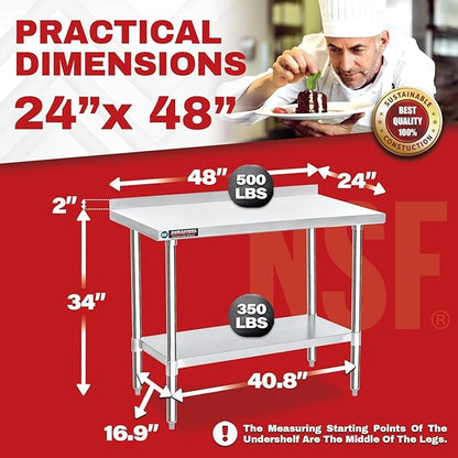 DuraSteel NSF Stainless Steel Table - 24 x 48 Inch Metal Work Table w/Undershelf - Commercial Kitchen, Restaurant, Garage, Laundry - Outdoor Stainless Steel Prep Tables Countertop Island Grill Small