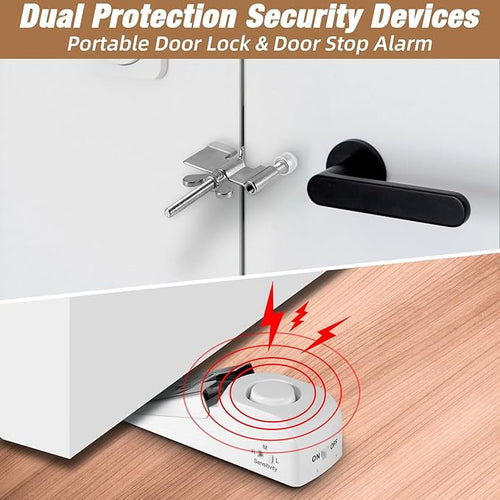 2 Pack 120dB Travel Door Stopper Alarm & Portable Door Lock, 3-Level Sensitivity Adjustable Travel Security Wedge for Hotel Home Apartment Dorm
