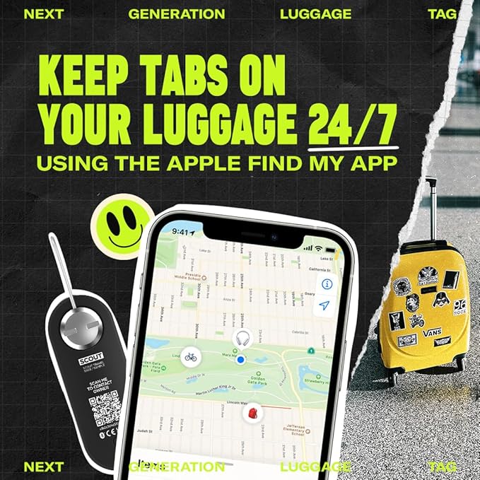 Knog Scout iOS Smart Tag, Tracker & 85d Alarm – Rechargeable Luggage Tag Compatible with iOS App & Apple Find My, Digital Contact Info, Remote Chime, Low Battery Alerts, Water-Resistant, Black