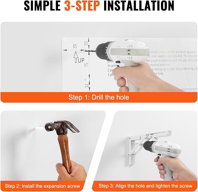VEVOR Wall Mounted Folding Table, 31.5" x 23.6" Wall Mount Drop Leaf Table, Floating Desk with Iron Bracket for Small Spaces, Home Office Dining Laundry Room Kitchen Bar, White