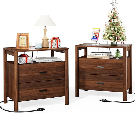 Night Stand Set of 2 with Charging Station, 24" Large Modern Side Table with Solid Round Post Legs, 2 Drawers End Table with Open Shelf, Nightstand for Bedroom, Walnut