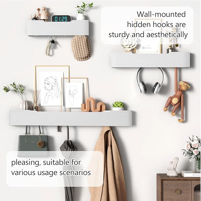 Coat Rack Wall Mount with Hidden Hooks Modern Key Holder Wood Entryway Hook with Shelf for Bedroom Kitchen Hallway Bathroom Designed for Hanging Coats Hats Bags Towels Dog Leashe(White,4 Hooks)