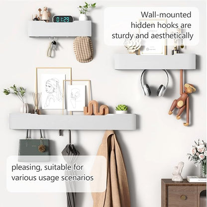 Coat Rack Wall Mount with Hidden Hooks Modern Key Holder Wood Entryway Hook with Shelf for Bedroom Kitchen Hallway Bathroom Designed for Hanging Coats Hats Bags Towels Dog Leashe(White,4 Hooks)