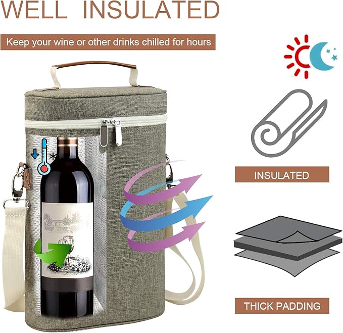 ZORMY 2 Bottle Insulated Wine Carrier Bag for Travel, Wine Carrier Tote Cooler Bag with Shoulder Strap & Corkscrew Opener, Perfect Wine Lover's Gift, Great for Picnics and Outdoor Entertaining