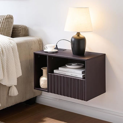 Modern Espresso Fluted Floating Nightstand with Charging Station, NightStand with Drawers, Bedside with USB Ports and Outlets, Bedroom Furniture (Left)