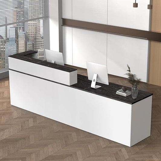 L Shape Reception Desk with Counter, Lockable Drawer, Keyboard Tray, and Double-Layer Storage for Salon, Office, or Clinic (White+Black/Right, 71" L*24" W*39" H)