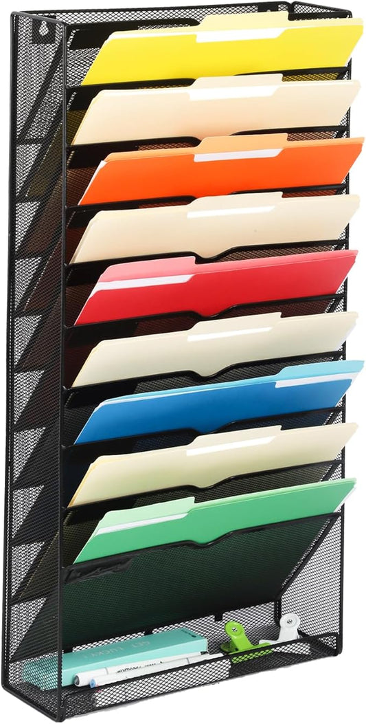 EASEPRES Desk File Organizer Mesh 11-Tier, Hanging Wall Mount Document Organization Stand, Desktop Vertical Mail Paper Folder Holder Rack with Bottom Tray for Office Home Cubicle Countertop, Black