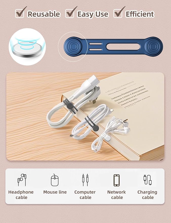 Kanemc 8 Pack Magnetic Twist Ties, Silicone Magnet Cable Tie Reusable Cord Strap For USB Earphone Charger Video Game Cables (2White+4Gray+2Blue)