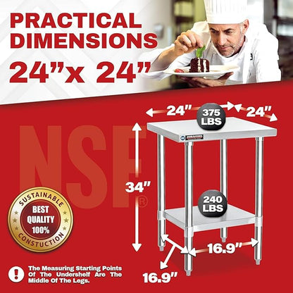 DuraSteel 24x24 Stainless Steel Work Table - NSF Commercial Prep Metal Table - Outdoor Pizza Oven Stand w/Under Shelf - Kitchen Island Laundry Utility Garage Microwave Stand Large Rolling Storage Cart