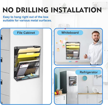 EASEPRES Magnetic File Organizer Mesh 6-Tier, Hanging Wall Mount File Organizer Vertical Holder Rack for Office Home, Black