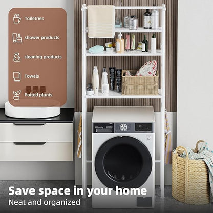 Over The Washer and Dryer Storage Shelf, 3 Tier Laundry Room Metal Drying Rack with Towels Hangers, Space Saver Organizer for Hanging Clothes and Towels (Metal White RA2)