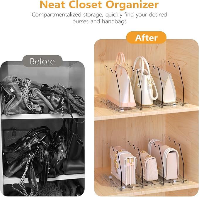 Ronlap Purse Storage Organizer for Closet, Clear Closet Bag Storage Dividers Rack Shelf Purse Dividers for Closet Organization Handbag Separators Closet Purse Organizers and Storage, 4 Pack, Clear