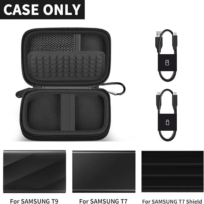 Case Compatible with Samsung T9/ T7/ T7 Shield Portable SSD 1TB 2TB 4TB External Hard Drive, Storage Travel Carrying Holder Organizer for Solid State Drives & USB Cable (Box Only)-Black