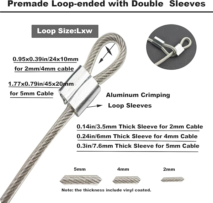 5 Pcs 5mm Wire 24 inch Vinyl Coated Stainless Steel Cable with Loops Short Wire Rope Lanyard Lock Security Chain Link for Outdoor Gates, Clear(5mm x 24inch)