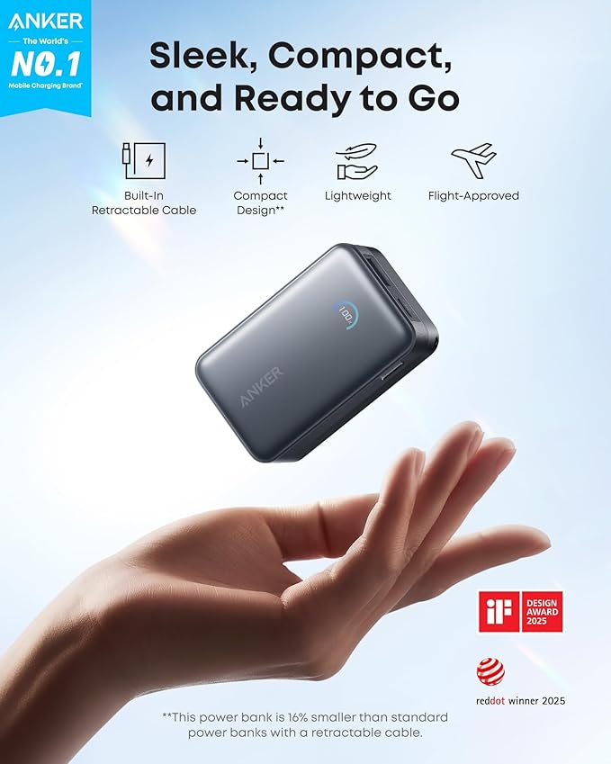 Anker Nano Power Bank, 10,000mAh Portable Charger with 2.3 ft InstaCord Retractable Cable, 45W Max Compact Battery Pack, Smart Display, for iPhone 16/17 Series, iPad, Galaxy, Pixel, and More