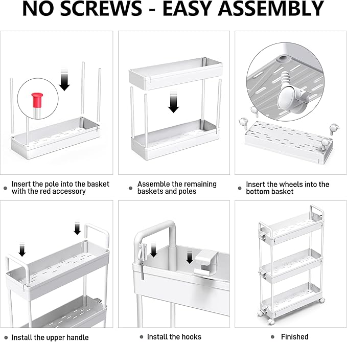 SOLEJAZZ Slim Rolling Storage Cart with Wheels 3 Tier Skinny Bathroom Storage Organizer Thin Laundry Room Utility Cart Space-Saving for Bedside Kitchen Office Small Narrow Places, White