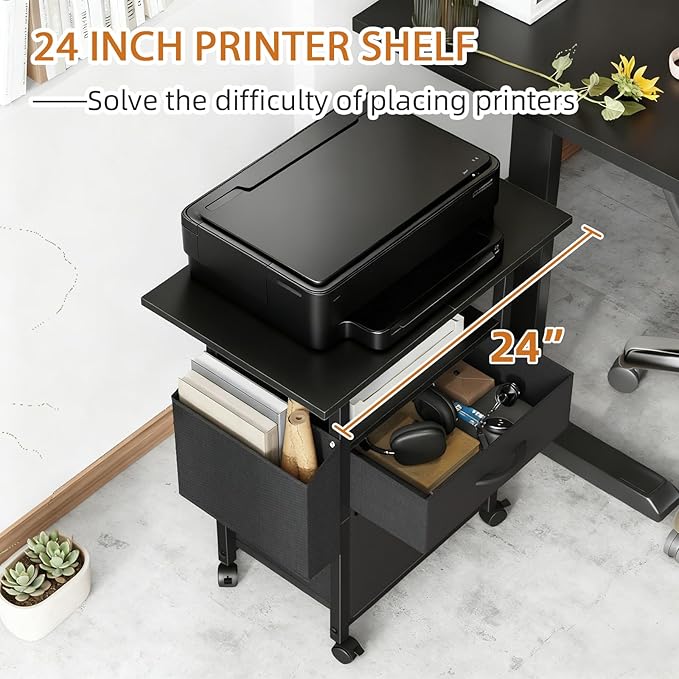 GYIIYUO 2 Drawer File Cabinet with 24'' Extended Desktop, Mobile Filing Cabinet, Rolling File Cabinet with Side Bag, Fabric Drawer, Fits A4/Letter Size, Printer Stand Home Office, Black