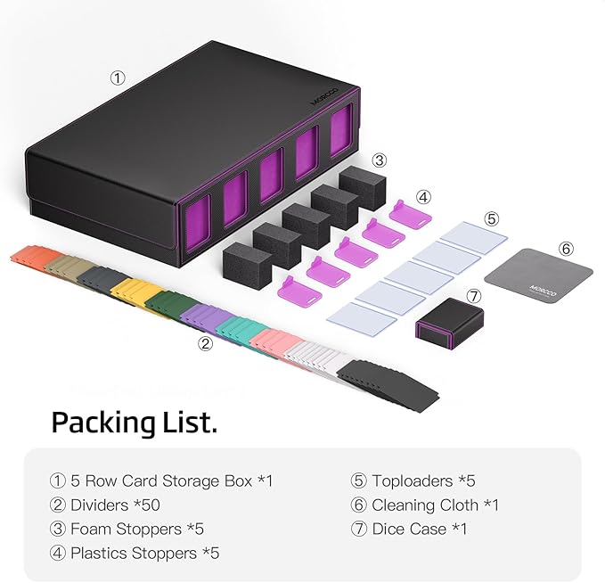 Trading Card Storage Box 5-Row 3900+ Capacity,TCG MTG Card Case with Magnetic Lid & Commander Display,Top Loader Storage for Sports Cards,Includes Dividers Dice Box（Black Purple）