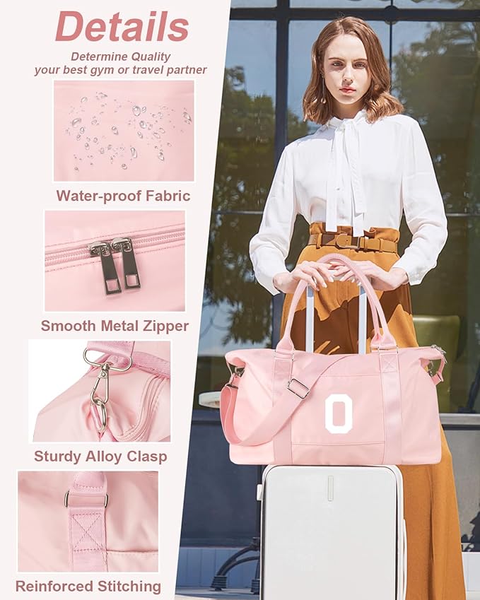 Initial Travel Duffel Bag Sports Gym Bag for Girls Teen Birthday Gifts,Pink Personalized Weekender Bag Carry On Tote Bags for Women Men,Waterproof Overnight Luggage Bag with Trolley Sleeve(Letter O)