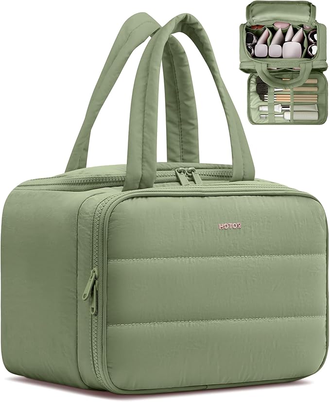 HOTOR Travel Toiletry Bag - Wide-Open Toiletry Bag for Women, Multi-Pocket Makeup Bag for Travel Essentials, Wet & Dry Separation Travel Accessories for Business Trip, Gym, 11.5"×5.9"×8.4", Green