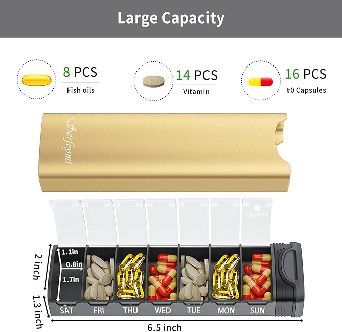 Metal Weekly Pill Organizer, Serfeymi Aluminum Daily Pill Box(Spare Gasket Provided),7 Day Pill Case Travel Medicine Organizer,Pill Containers with Individual Lid for Vitamins,Pills, Supplement-Gold