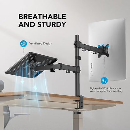 HUANUO Adjustable Monitor Stand, Single Arm Desk Mount for 32 inch Screen and 17 inch Laptop, Heavy Duty Ergonomic Bracket Holds 22lbs