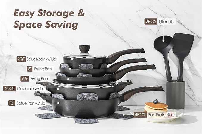 SENSARTE Pots and Pans Set Non stick, Non toxic Healthy Induction Cookware Set, 14 Pcs Non Stick Kitchen Cooking Set with Frying Pans Set & Saucepan, PFOA PFOS APEO Free, Black